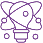An icon displaying a purple outlined lightbulb, with two curved lines and three circles orbiting it like an atom. This symbolizes innovative ideas, scientific discovery, or a fusion of creativity and knowledge