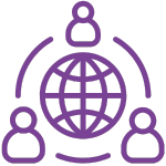 An icon displaying a purple outlined globe in the center, with three purple outlined person figures positioned around it in a triangular formation, connected to the globe by curved lines. This icon represents global reach, interconnectedness, or an international community.
