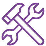 An icon featuring a purple outline of a hammer and a wrench crossed over each other.