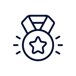 A dark blue outline icon of a medal with a star in the center, hanging from a ribbon. There are lines radiating outwards from the medal, suggesting a glow or sparkle.