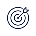 A dark blue outline icon of a target with an arrow striking the bullseye.