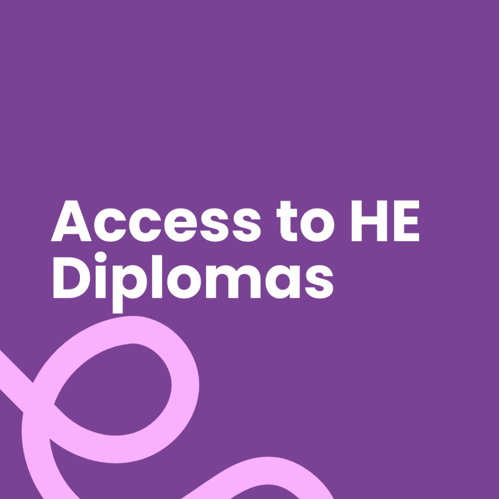 Purple square with pink thread. Text reads: 'access to HE'.