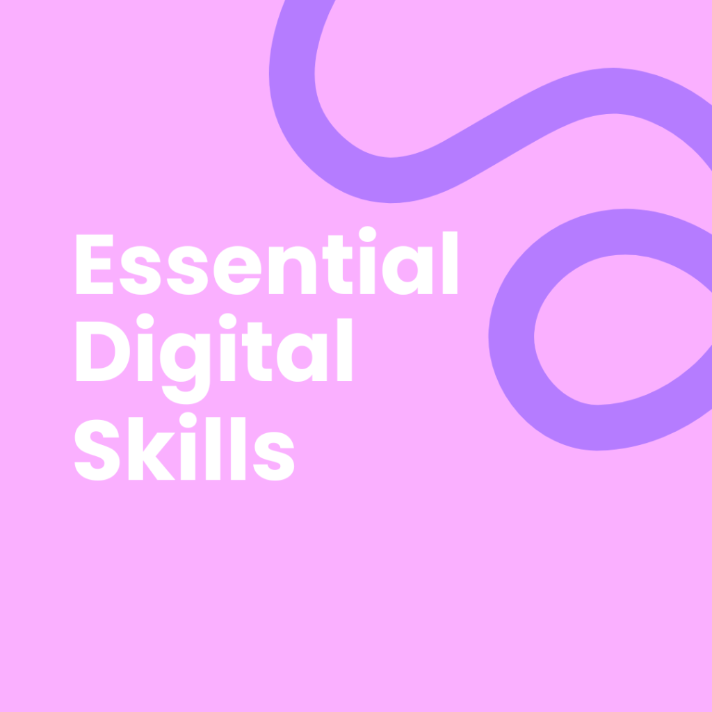 A light pink background with large white text that reads "essential digital skills" in three lines. In the upper right corner, a thick, wavy light purple line curls into the frame, resembling a stylized "S" shape. The image has slightly rounded corners.