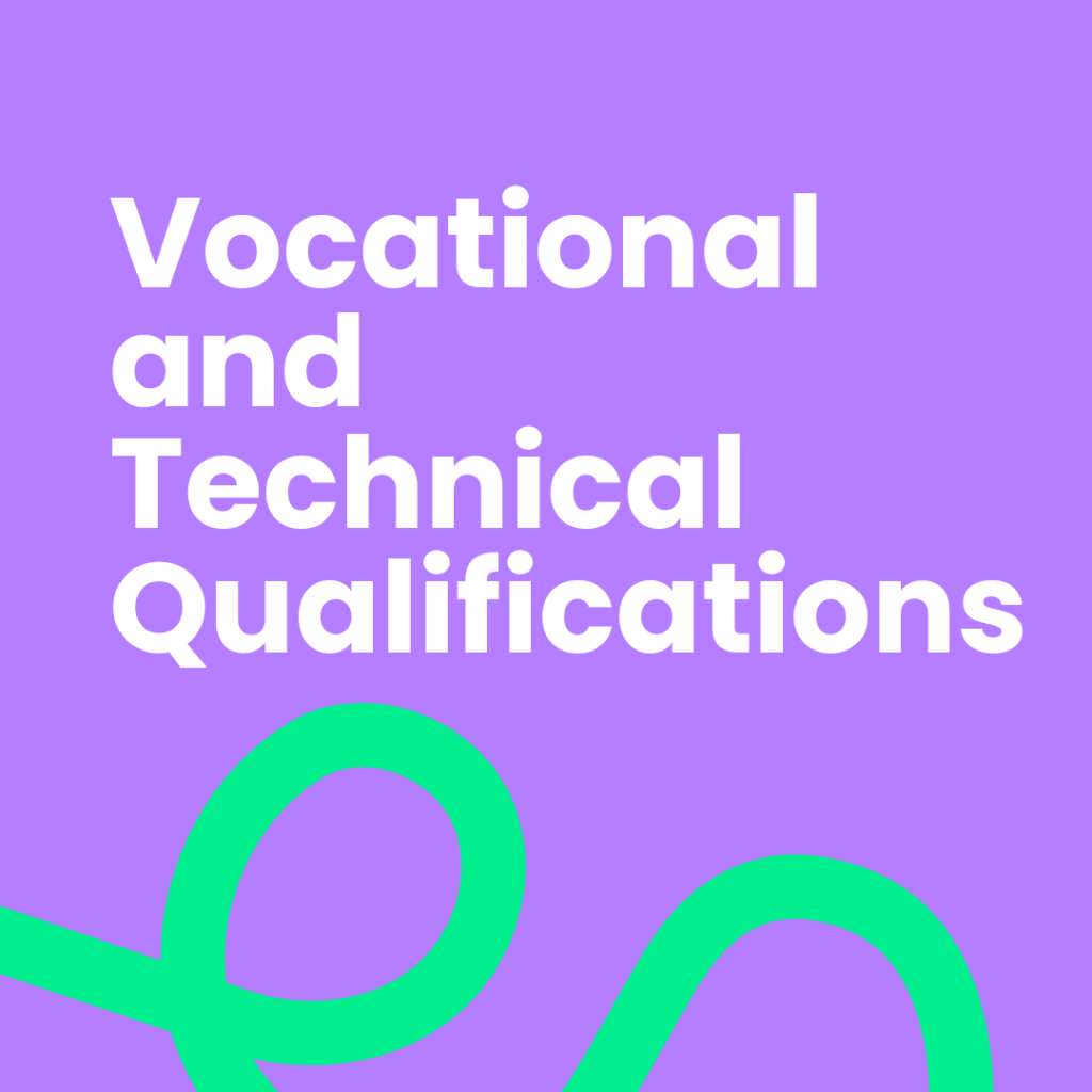 The image has a solid purple background with "vocational and technical qualifications" written in bold white text, left-aligned. A thick, looping green line is present in the bottom left, partially obscuring the lower part of the text, and extends towards the right.